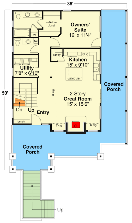 Plan 72429DA: 3 Bedroom Cabin House Plan for the Up-Sloping Lot with Wrap Around Porch - 1633 Sq Ft - Floor Plan - Main Level - Cabin, Cottage, Mountain
