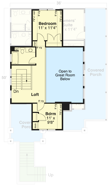 Plan 72429DA: 3 Bedroom Cabin House Plan for the Up-Sloping Lot with Wrap Around Porch - 1633 Sq Ft - Floor Plan - 2nd Floor - Cabin, Cottage, Mountain