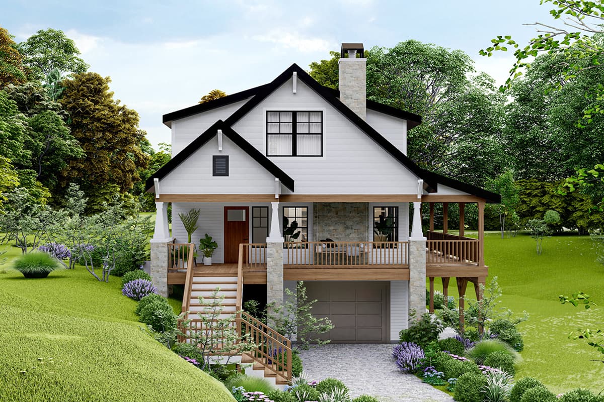 House plan exterior. Two-story Modern Farmhouse with a gable roof, covered porch, and a garage below the second-story porch.