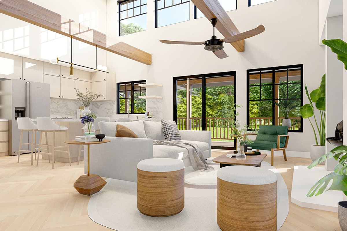 Interior rendering of a living area with vaulted ceiling, exposed wood beams, kitchen island with bar stools, and large windows overlooking greenery.