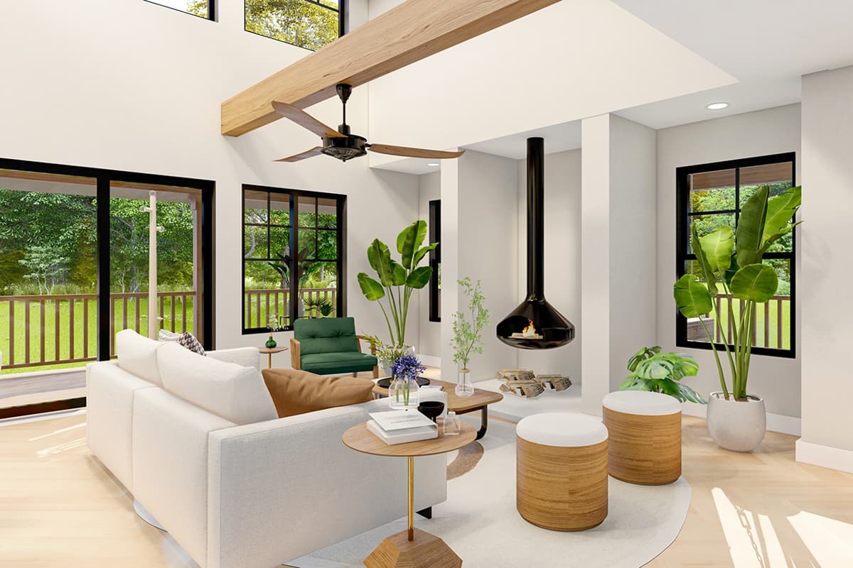 Great room rendering with vaulted ceiling, exposed beam, modern hanging fireplace, and large windows overlooking a deck.