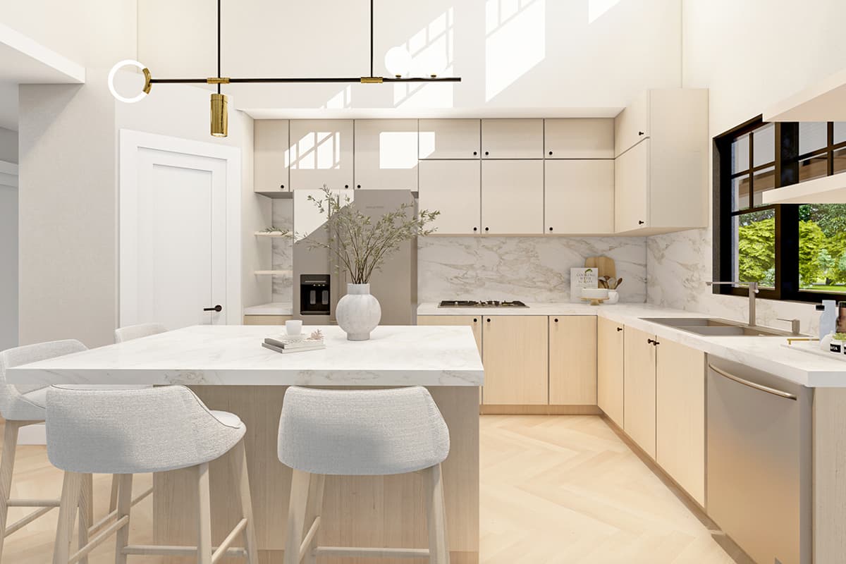 Modern kitchen with large island, light wood cabinetry, marble backsplash, and vaulted ceiling.