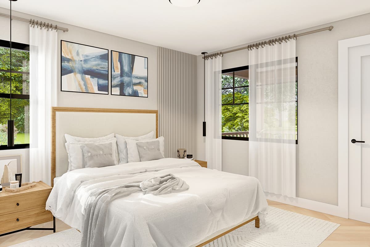 Bedroom rendering with queen bed, two windows with sheer curtains, and abstract wall art above the headboard.