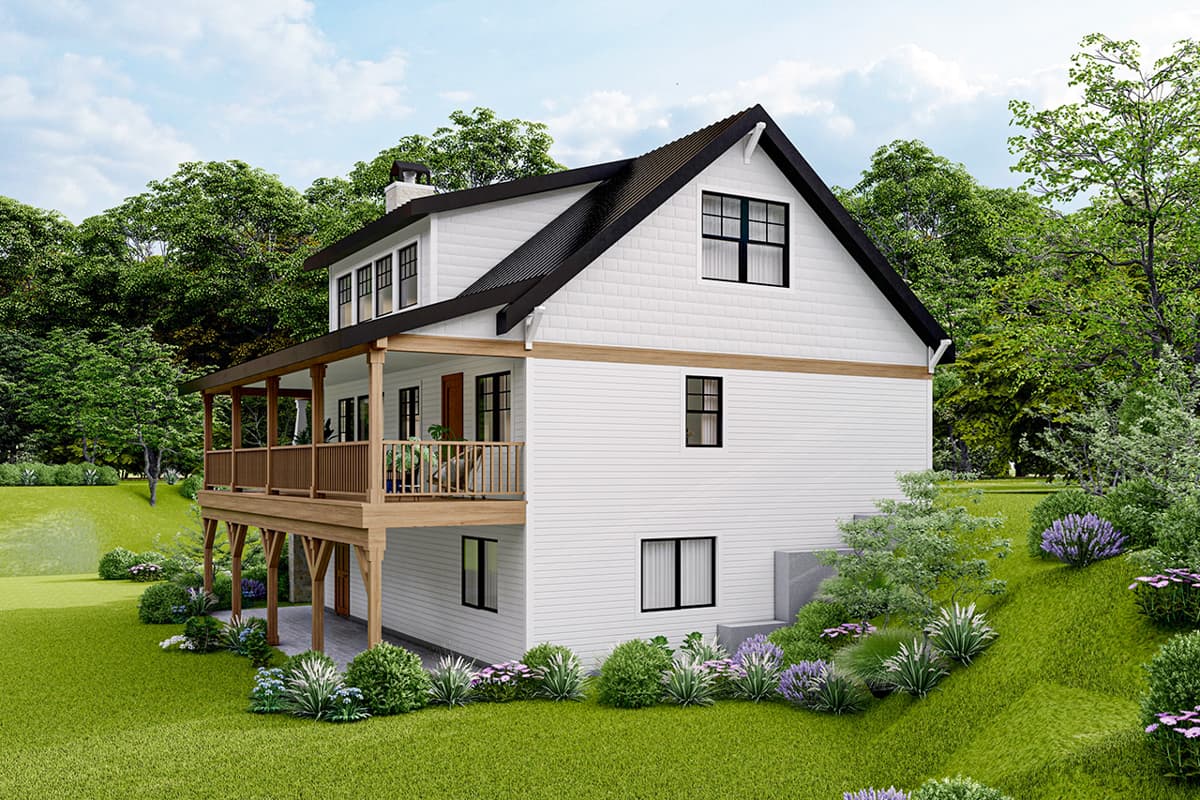 House plan exterior: two-story Modern Farmhouse with wrap-around porch, gabled roof, and white siding.