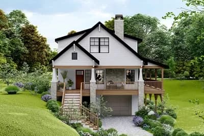 3 Bedroom Cabin House Plan for the Up-Sloping Lot with Wrap Around Porch - 1633 Sq Ft