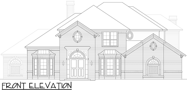 Front elevation house plan with prominent entrance, bay windows, and multiple gables.