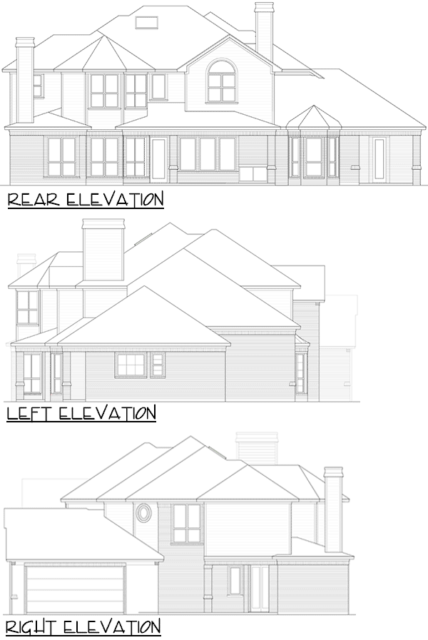 Rear, left, and right elevations of a two-story house plan with a gabled roof, dormers, chimneys, and attached garage.