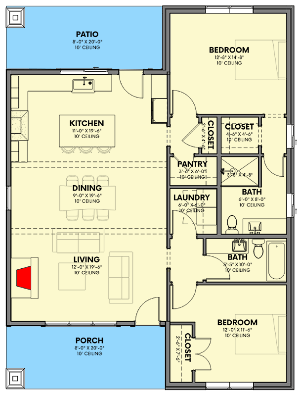 Plan 380020ASH: 1410 Square Foot Modern Country House Plan with 2 Bedrooms - Floor Plan - Main Level - Country, New American, Transitional