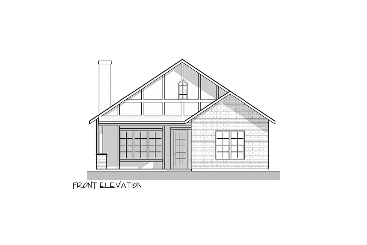 Front elevation drawing of a house with a prominent gable, large windows, a covered porch, and a brick facade.