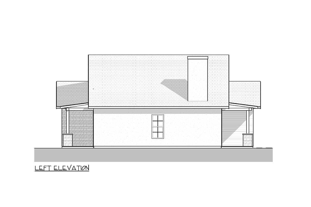Left elevation of a house plan showing brick exterior, gable roof, dormers, porch, and chimney.