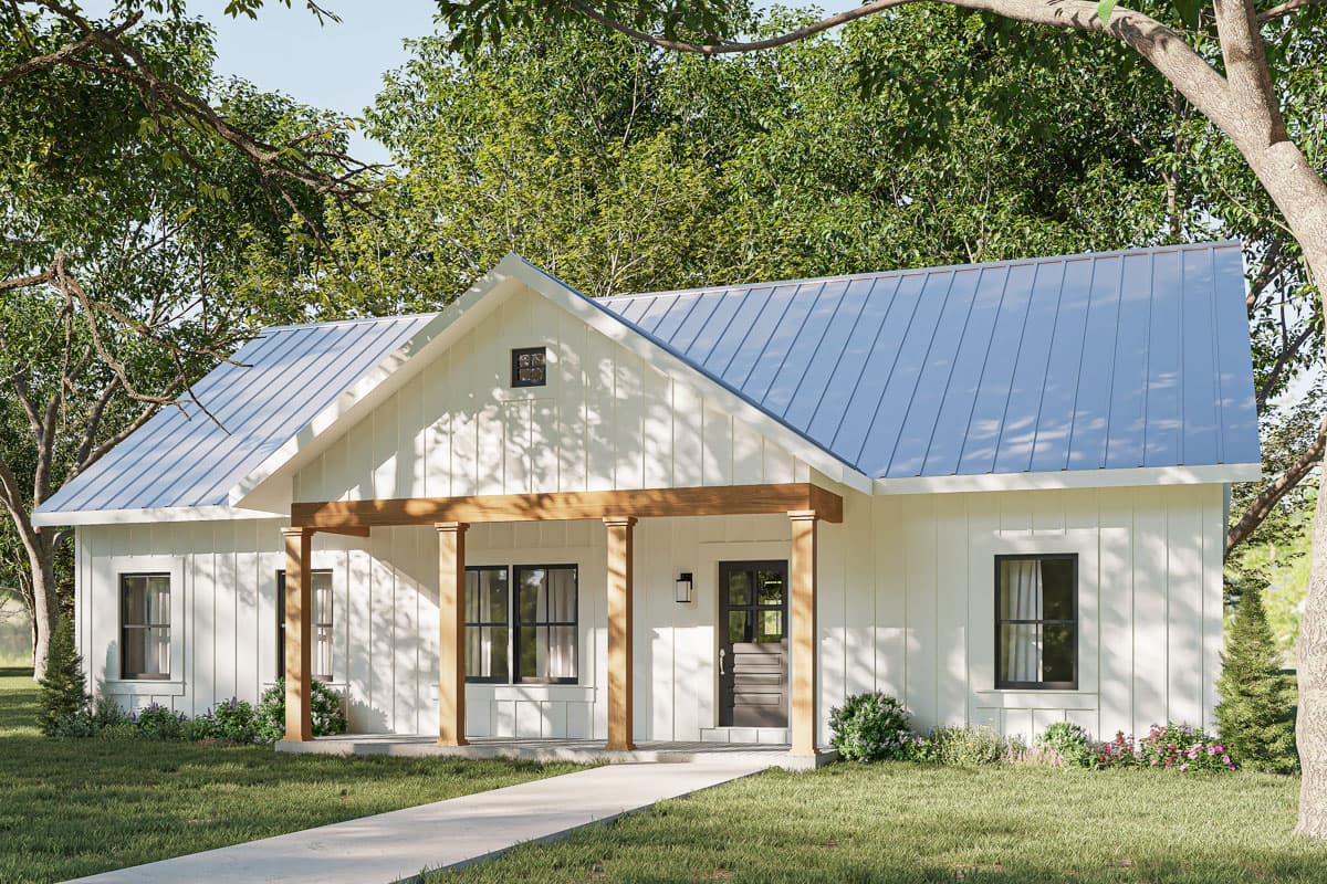 House plan exterior. Modern Farmhouse style, one story. Features include a porch with columns, gabled roof, and vertical siding.