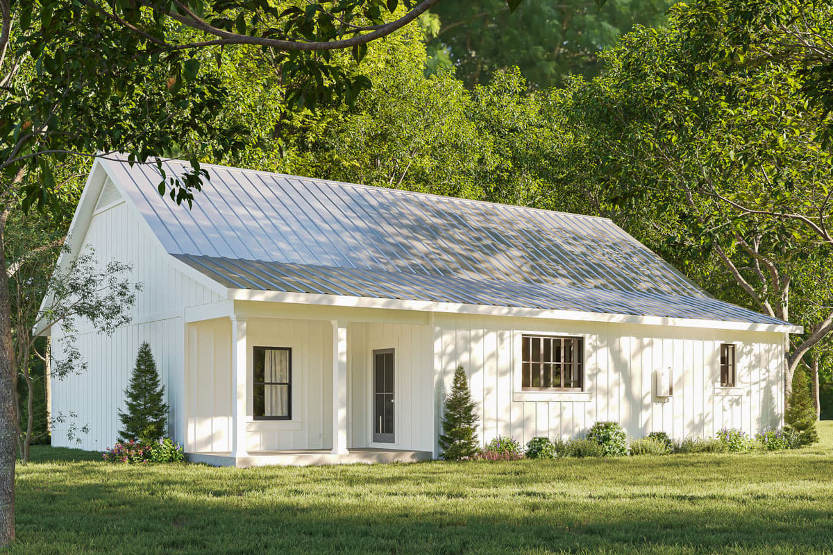 Modern Farmhouse house plan exterior with vertical siding, a metal gable roof, and a covered front porch.