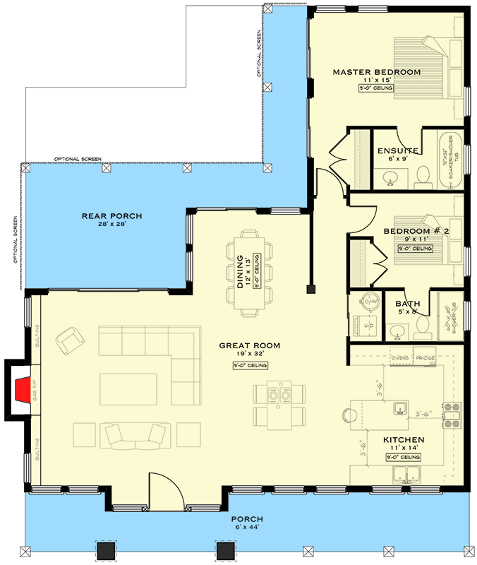Plan 147014RML: 2-Bed Craftsman Rambler House Plan with Large Outdoor Living - 1477 Sq Ft - Floor Plan - Main Level - Craftsman, Ranch, Traditional, Vacation