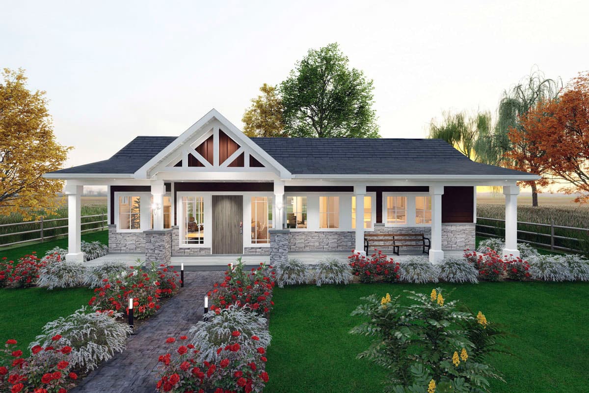 House plan exterior: one-story modern farmhouse with a covered porch, stone skirting, and decorative gable trim.