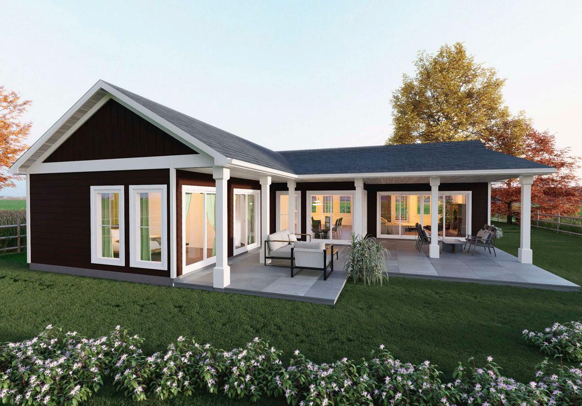 Ranch-style house plan exterior with gabled roof, covered patio, and multiple large windows.