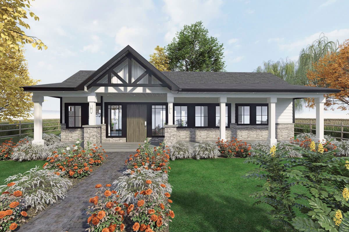 House plan exterior featuring a one-story, Craftsman-style home with gabled entry, front porch supported by columns, and stone veneer accents.