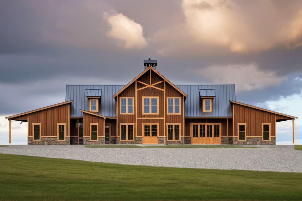 Modern farmhouse house plan exterior with wood siding, metal roof, multiple gables, and stone foundation.