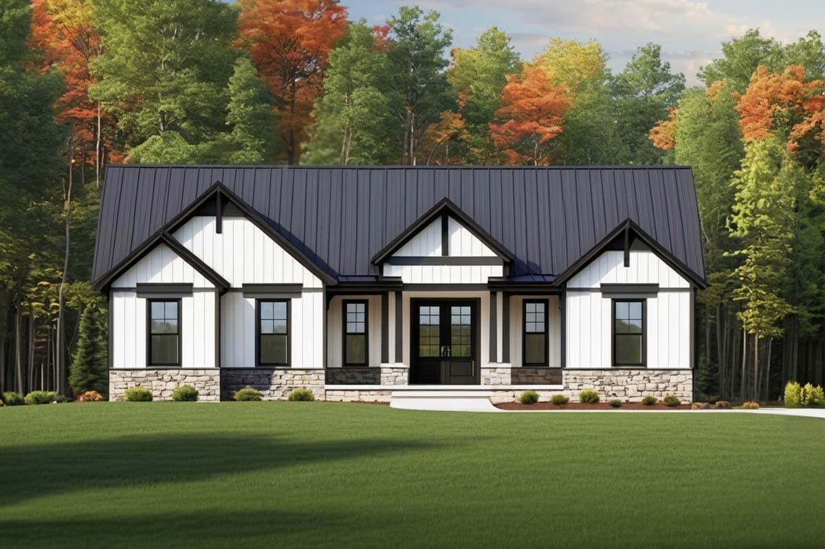 Modern Farmhouse house plan exterior with white board and batten siding, stone base, metal roof, and gabled dormers.