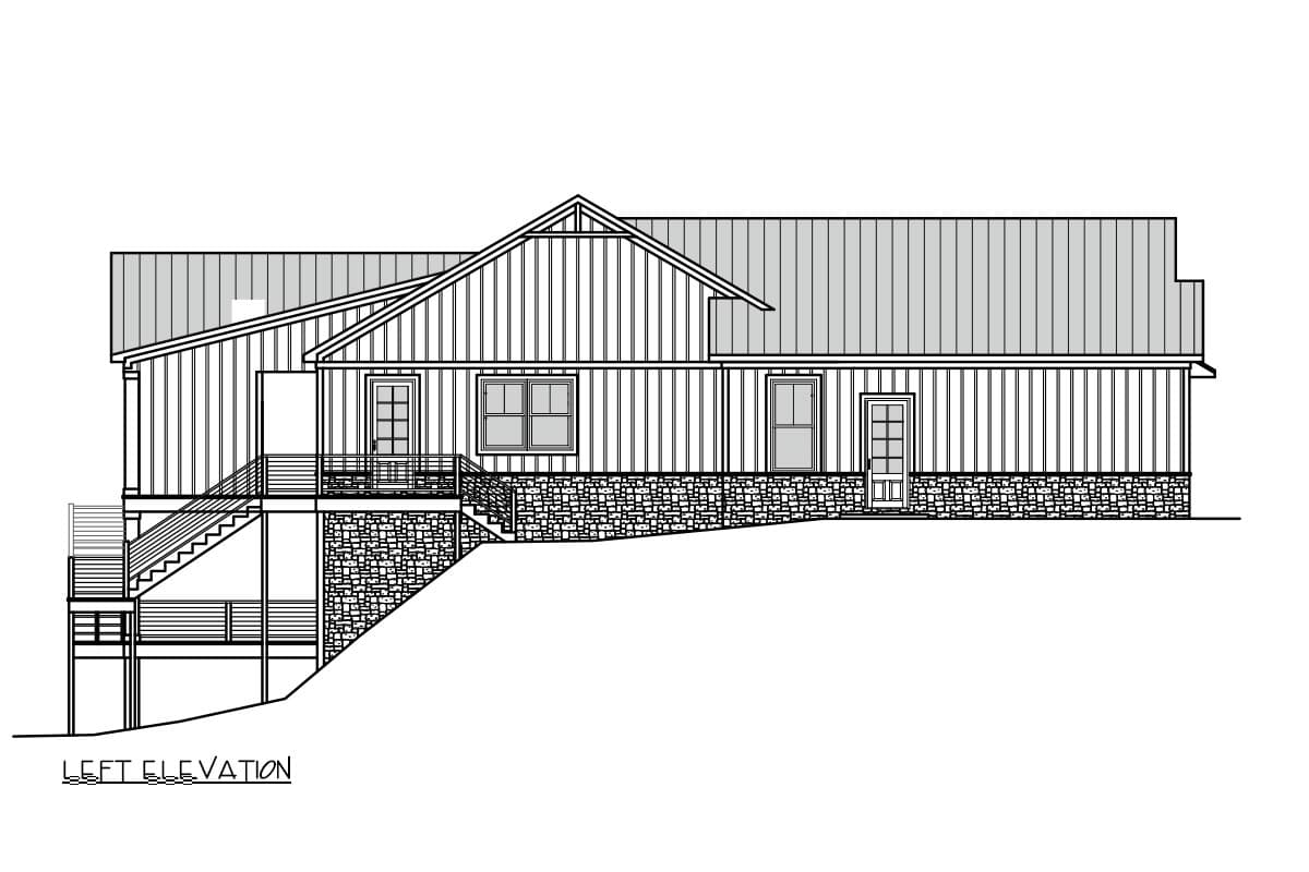 Left elevation house plan. Modern farmhouse style with vertical siding, metal roof, stone foundation, and multiple doors.