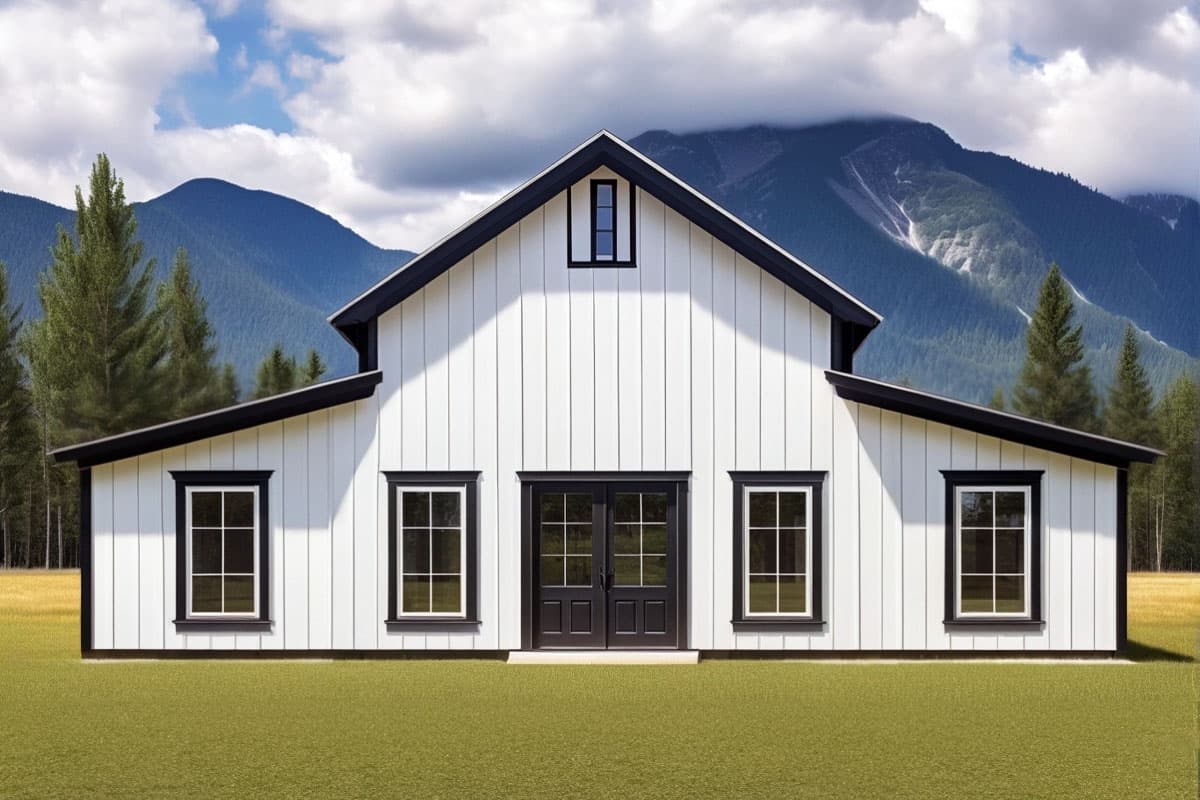 House plan exterior. Two-story Modern Farmhouse with a gabled roof, vertical siding, and dormer. Features black-framed windows and doors.