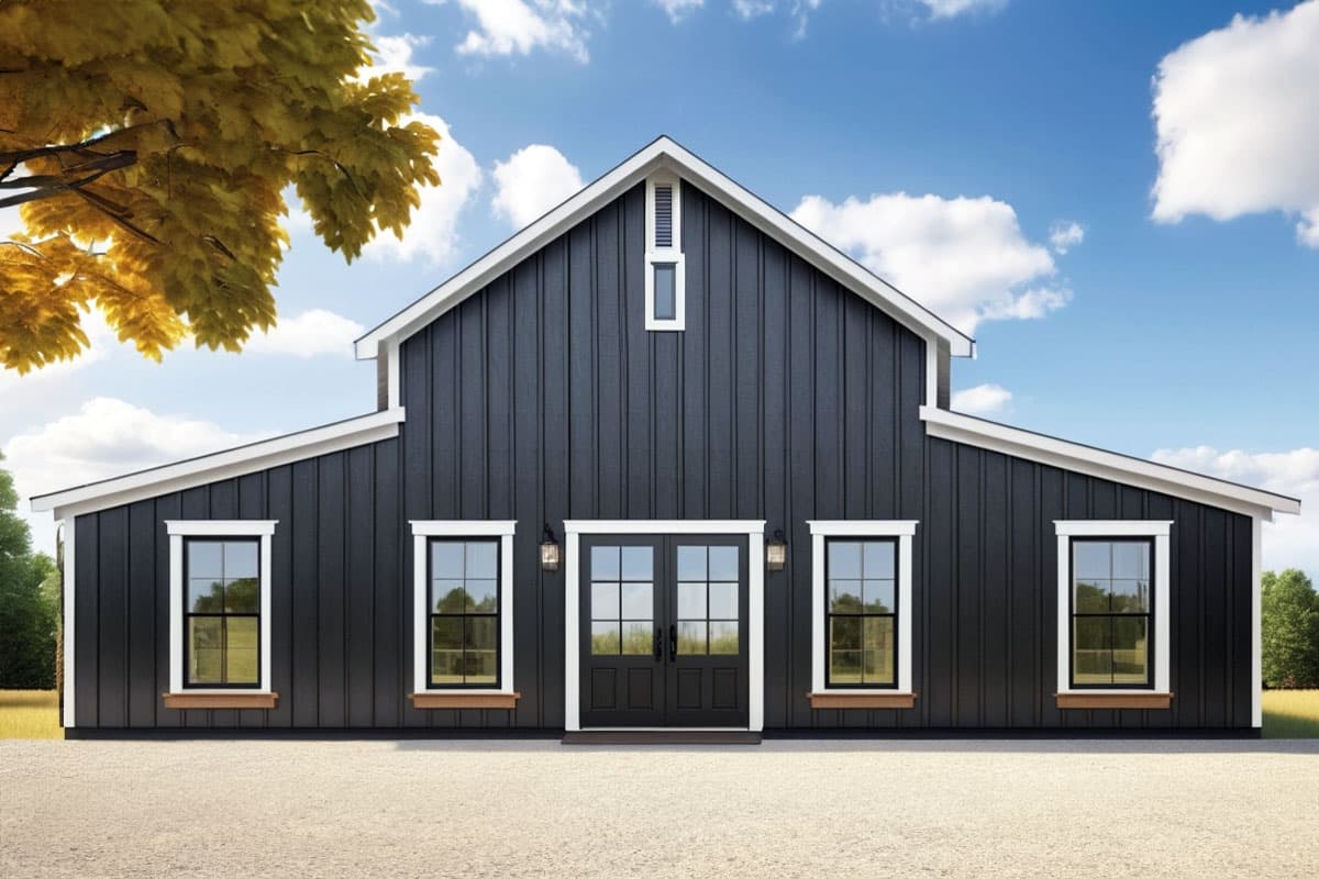 Modern Farmhouse house plan exterior with vertical siding, double front doors, five windows, and a prominent gable with a dormer vent.