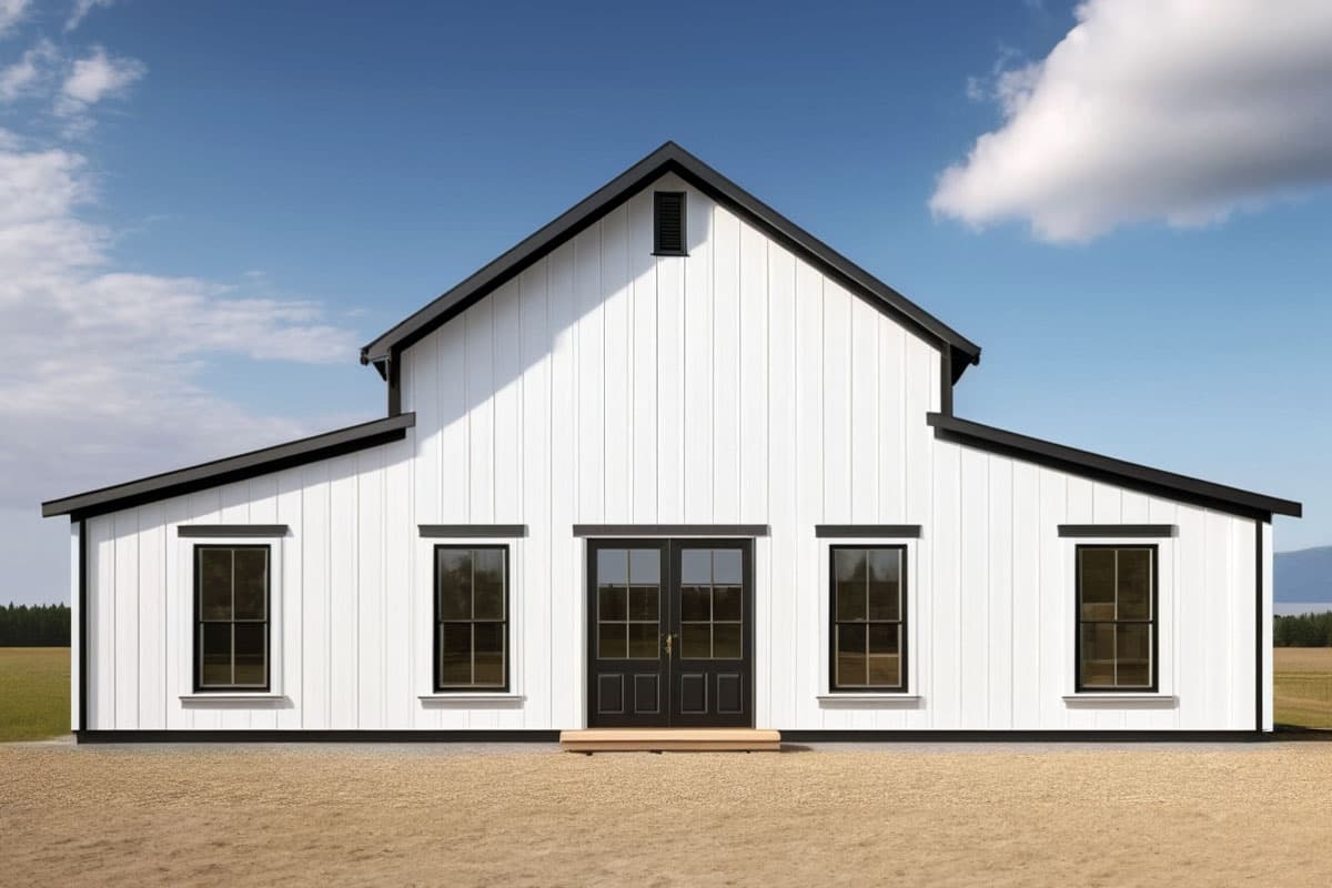 Modern Farmhouse house plan exterior with board and batten siding, gable roof, and central double doors.