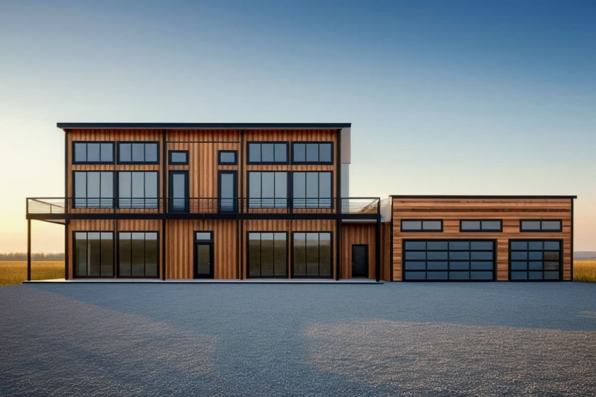 Modern two-story house plan with horizontal wood siding, extensive glass windows, a balcony, and a three-car garage.