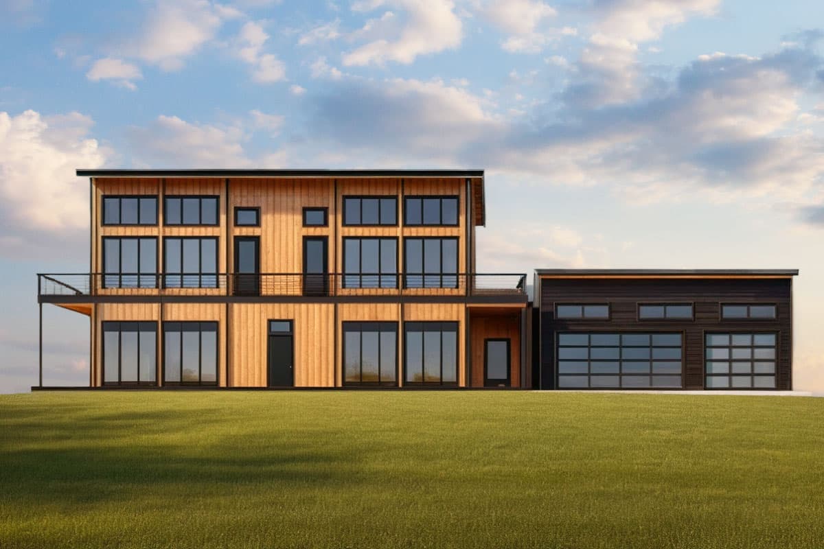 House plan exterior. Two-story modern style with horizontal wood siding, large windows, and a detached garage with glass doors.