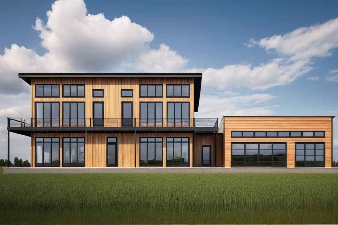 Modern house plan exterior with wood siding, two stories, a second-floor balcony, and extensive windows.