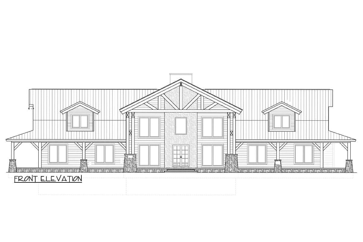 Front elevation drawing of a two-story house plan with a covered porch, gables, dormers, and stone accents.