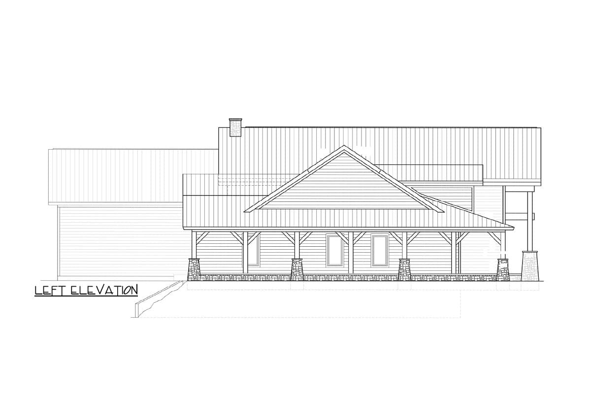 Left elevation house plan: Gable roof, covered porch with stone pillars, and board and batten siding.