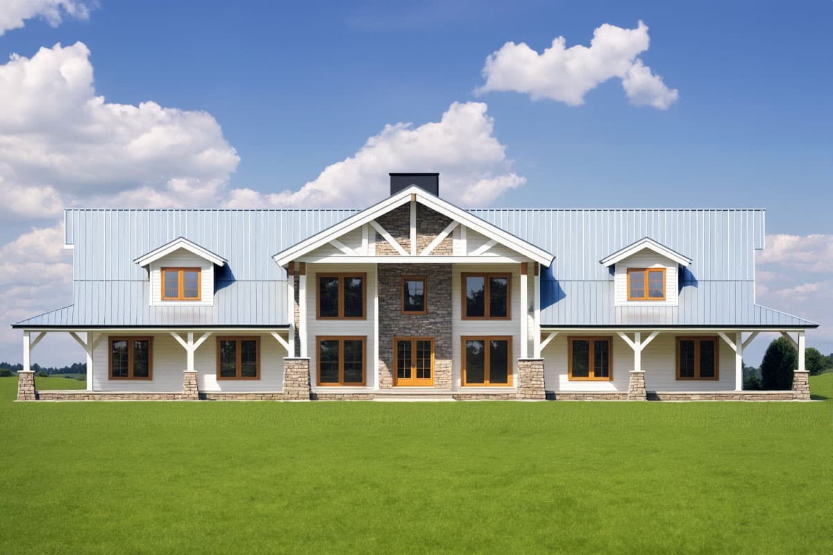 House plan exterior. Two-story Modern Farmhouse with a metal roof, dormers, a wraparound porch, and stone accents on the facade.