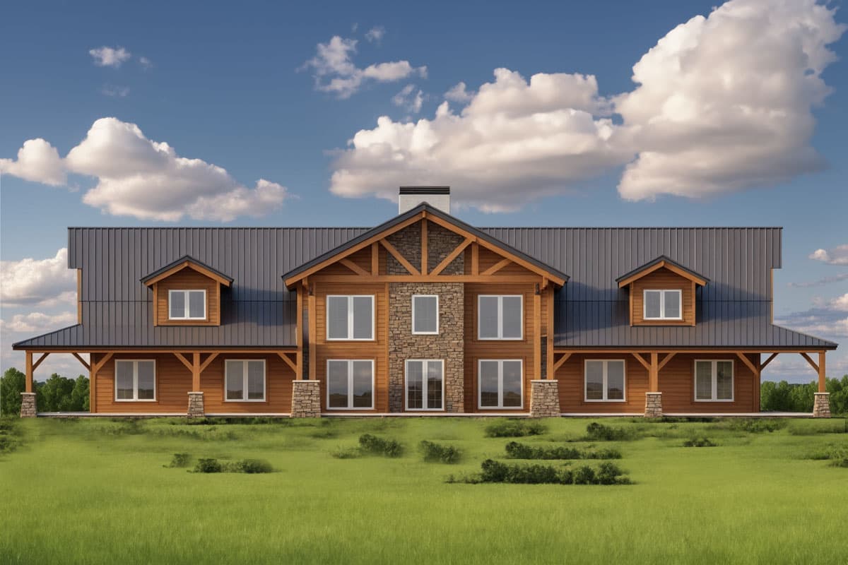 House plan exterior: Two-story modern log home with metal roof, prominent gables, stone-clad central section, and wrap-around porch.