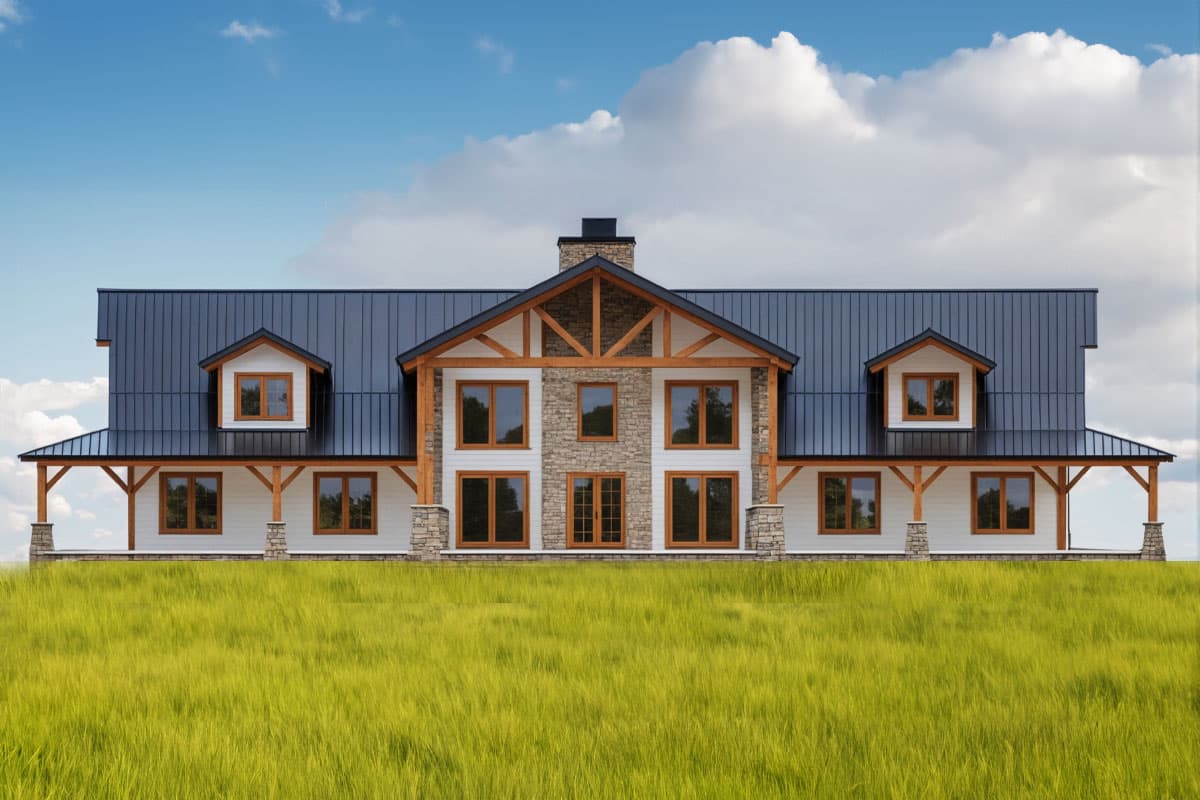 Modern Farmhouse house plan exterior with dark metal roof, stone accents, and covered porches.