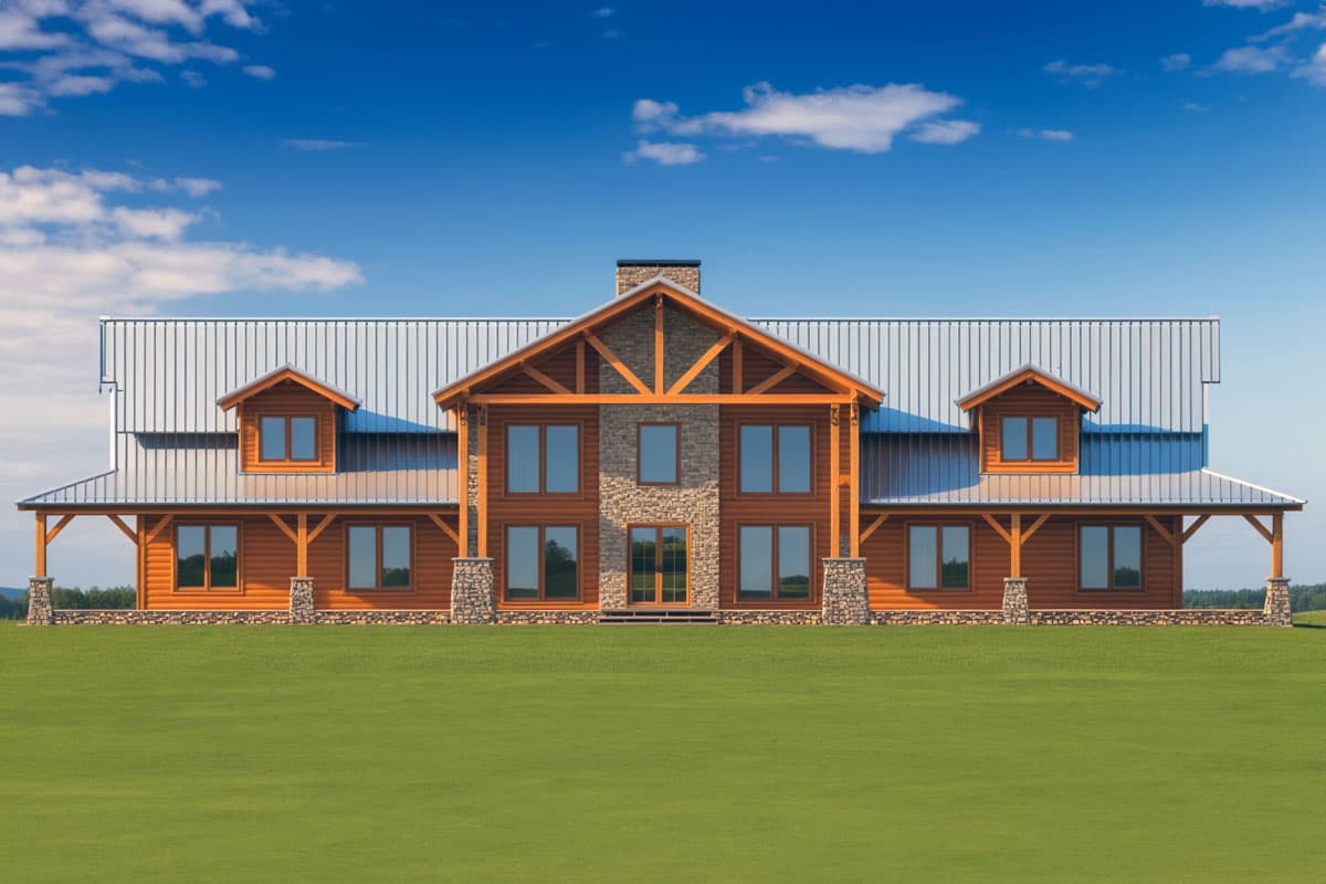 Log home exterior with metal roof, covered porches supported by stone-clad pillars, dormers, and exposed timber framing.