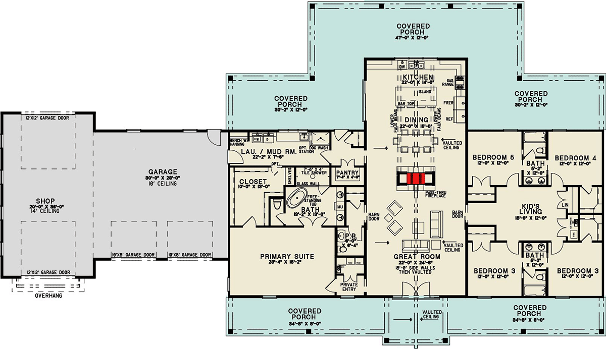 Plan 700500SND: Modern 5-Bed Barndominium House Plan with Rear Wrap Around Porch - 3479 Sq Ft - Floor Plan - Main Level - Barndominium, Contemporary, Country, Craftsman, Mid Century Modern, Modern Farmhouse, New American, Ranch, Southern, Transitional