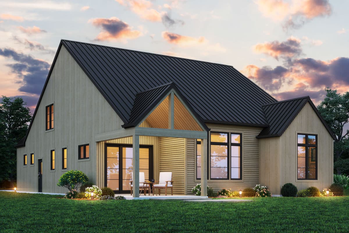 Modern Farmhouse house plan exterior with a standing seam metal roof, gabled rooflines, and a covered porch with wood-paneled ceiling.