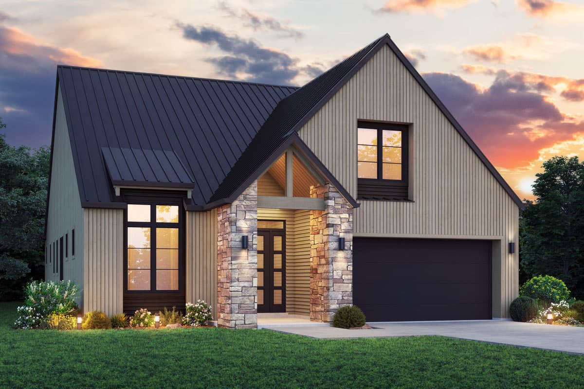 House plan exterior. Two-story Modern Farmhouse with a metal roof, stone-clad entry, and a side-entry garage.