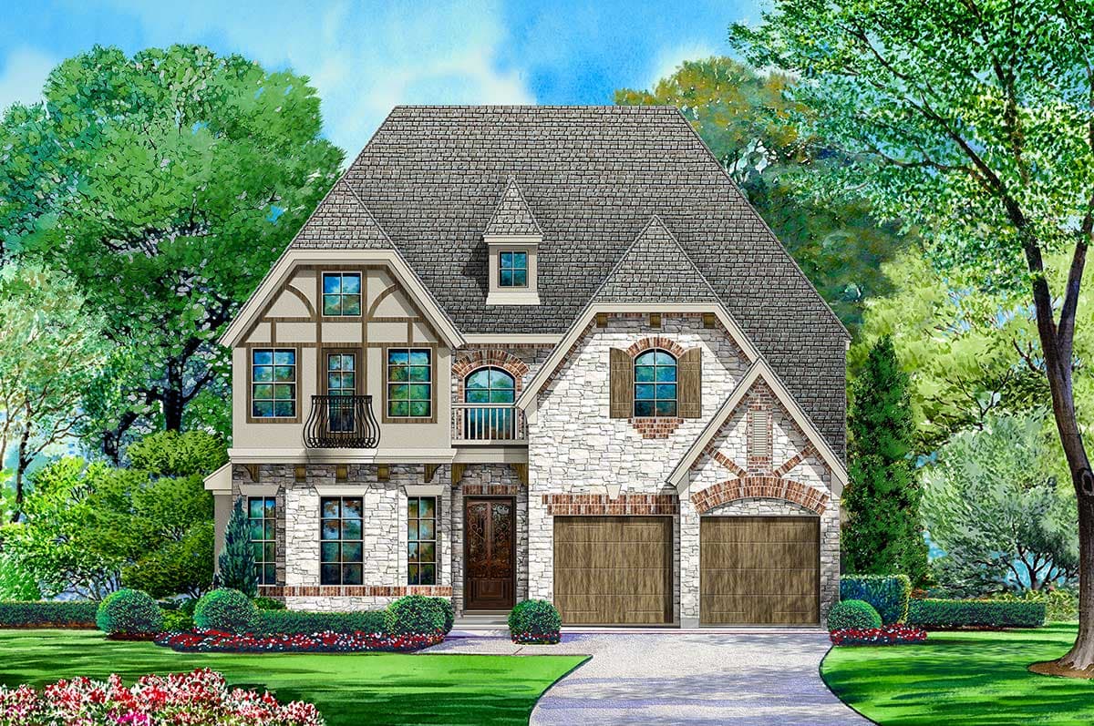 House plan exterior. Two-story Tudor style home with stone facade, gabled roof, arched garage doors, and balcony.