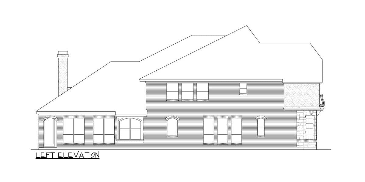 Left elevation house plan drawing with a prominent chimney, multiple windows, and a stone-clad upper section with a balcony.
