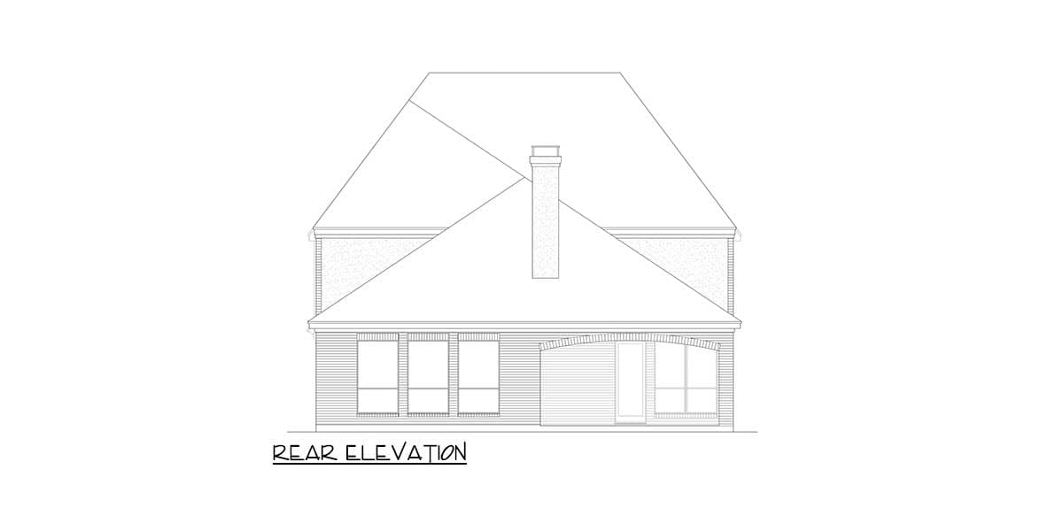 Rear elevation drawing of a house with a prominent chimney, multiple gables, and a row of windows.