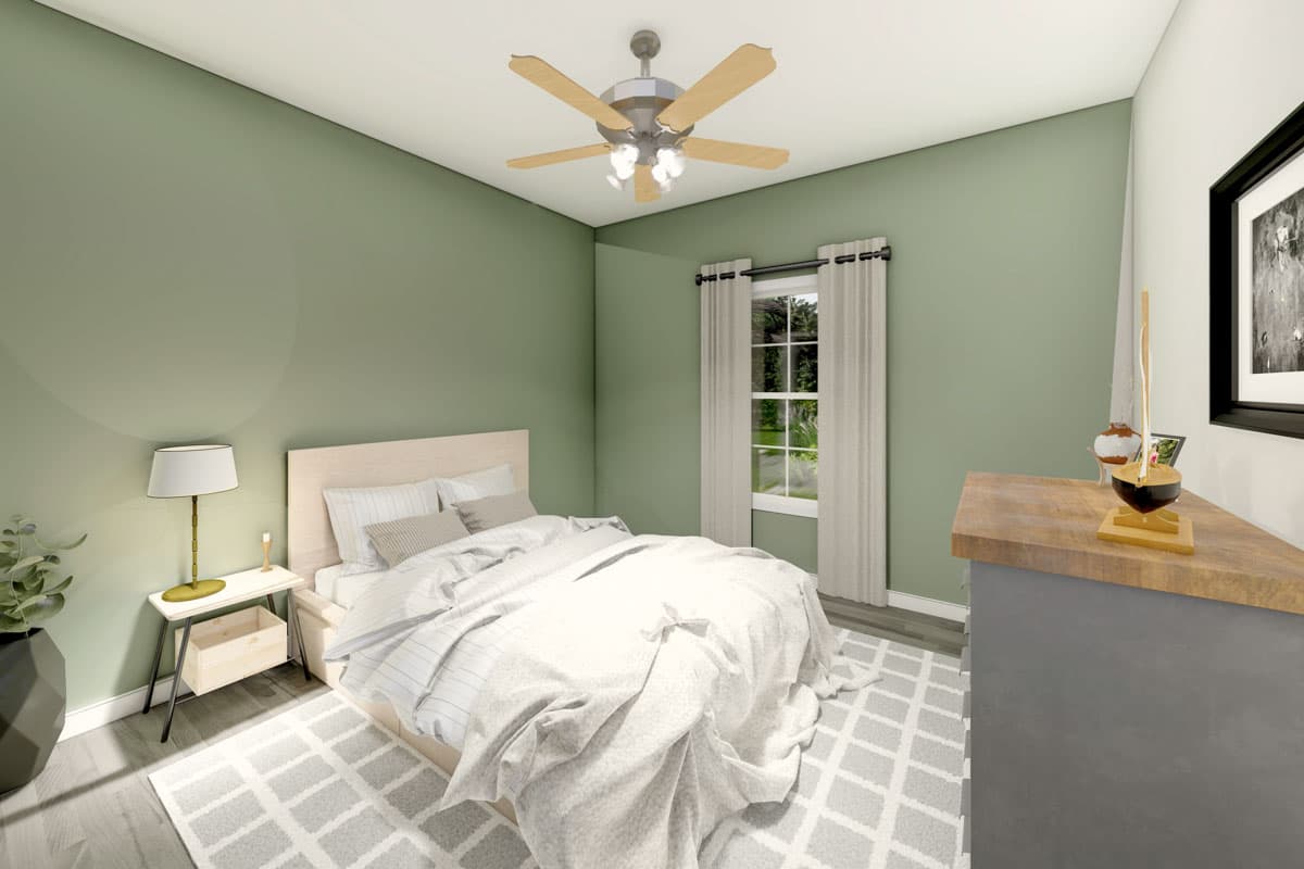Bedroom rendering with a queen bed, side table, dresser, ceiling fan, and window with curtains.