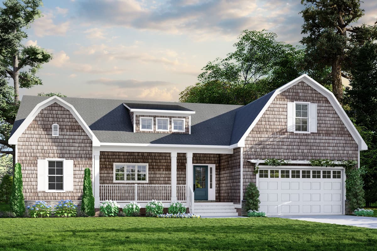 House plan exterior: Two-story Modern Farmhouse with gambrel roof, front porch, dormer windows, and attached garage.
