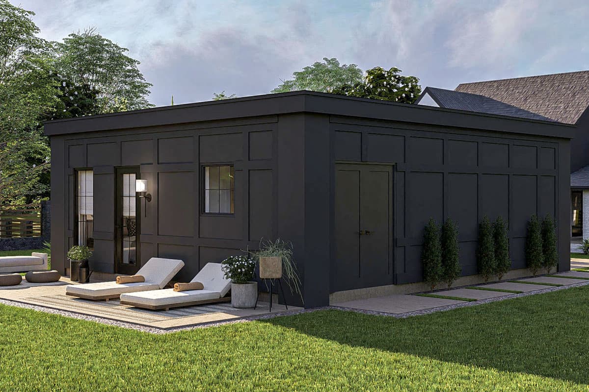 Modern one-story house plan exterior with flat roof, paneled dark siding, two doors, and one window.