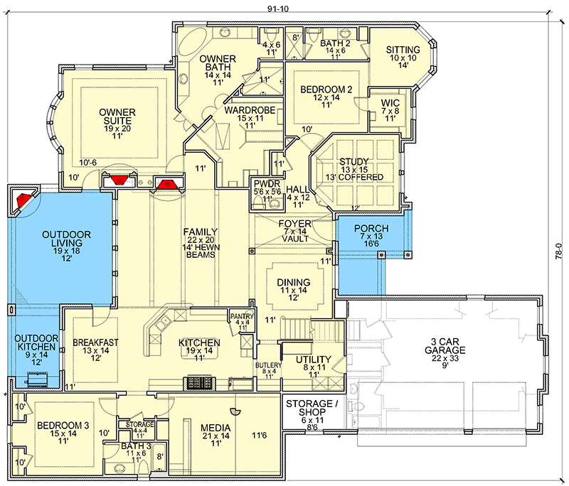 Plan 36706TX: Hill Country House Plan with Multi-Purpose Flex Room Above Garage - 4405 Sq Ft - Floor Plan - Main Level - European, Hill Country, Transitional