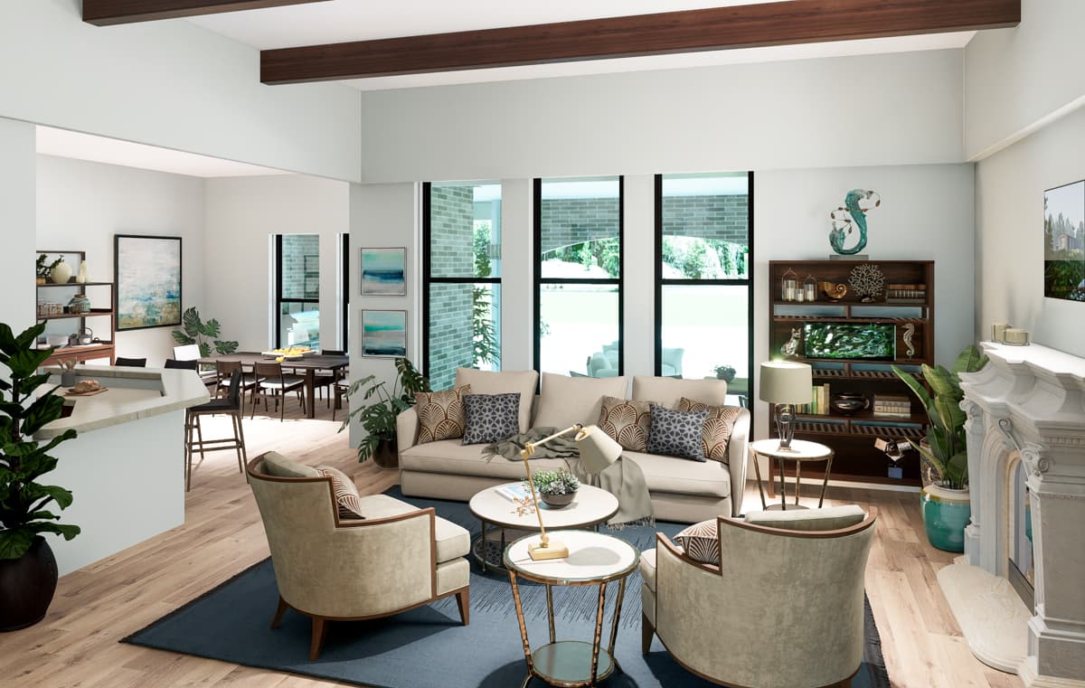 Open concept living and dining area with a sectional sofa, decorative fireplace, and a bar.