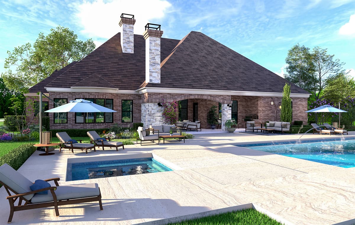 House plan exterior rendering showing a one-story brick home with arched patio, prominent chimneys, and a swimming pool.