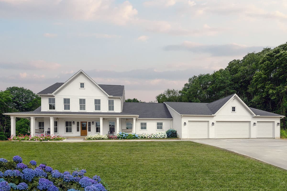 Two-story Modern Farmhouse exterior with wrap-around porch, prominent gables, and a five-car attached garage.
