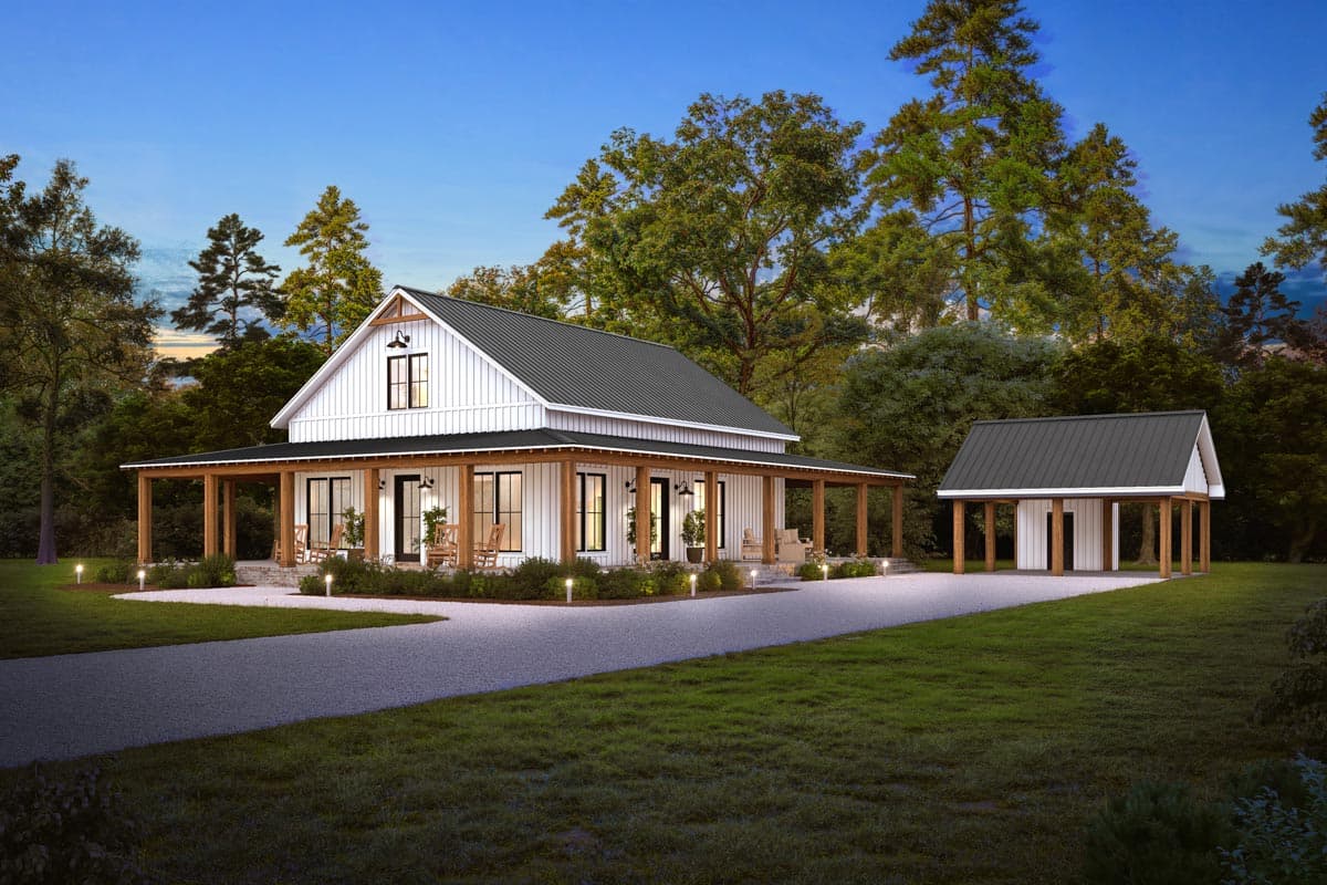 Modern Farmhouse style house plan exterior, two stories, with a full-length porch supported by wooden posts, gable dormer, and detached carport.