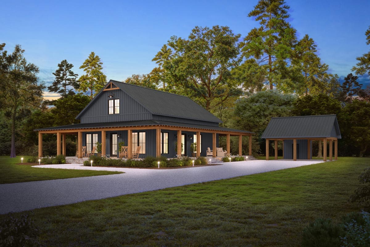 Modern farmhouse house plan exterior with wrap-around porch, metal roof, gabled dormer, and detached carport.